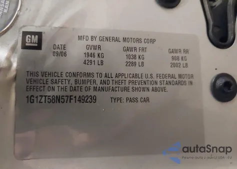 2007 Chevrolet Malibu Lt z USA, uszkodzony, nr VIN 1G1ZT58N57F149239